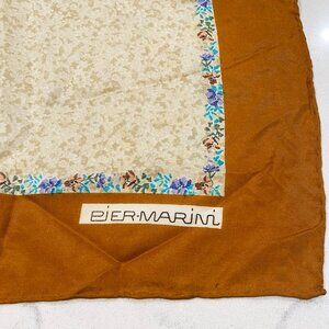 Vintage Piermarini Silk Scarf Caramel Multi Floral Border Beige 30" Square